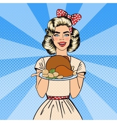 Beautiful Woman Holding A Plate With Roast Turkey