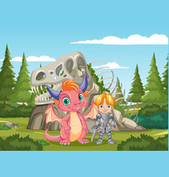 Cartoon Knight And Dragon In Front Of Dinosaur