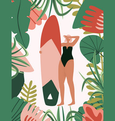 Woman Surfer In Retro Bikini Jungle Forest