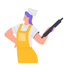 Bakery With Woman Baker Character In Apron Holding