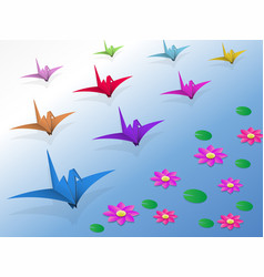 Origami Birds Flying Over The Water And Lotus