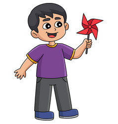 Spring Boy Holding Pinwheel Cartoon Clipart