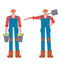 Male Farmer Holding Buckets With Corn And Shovel