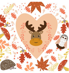 Set Of Cute Deer In Heart Shape And Forest