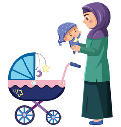 Muslim Girl Carrying Baby Cartoon Character