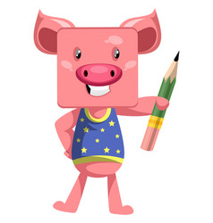 Pig With Pen On White Background