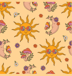 Seamless Pattern With Sun Moon Mushrooms