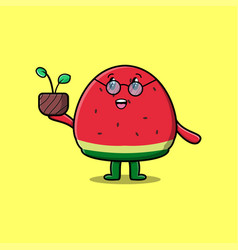 Cute Cartoon Watermelon Holding Plant In A Pot