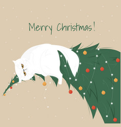 Cute Cat Climbing Christmas Tree In Cartoon Style