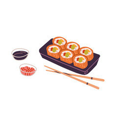 Sushi In Takeaway Container Chopsticks And Sauces