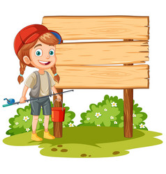 Cheerful Girl With Tools By Empty Signboard