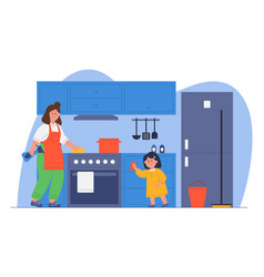 Mother And Daughter Cleaning Kitchen Flat