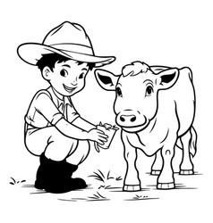 Cowboy With Cow Black And White For Coloring Book