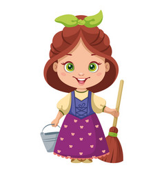 Cartoon Peasant Girl With Bucket And Mop