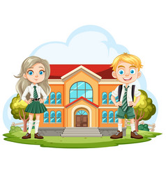 Two Cartoon Kids In Uniform Outside Their School