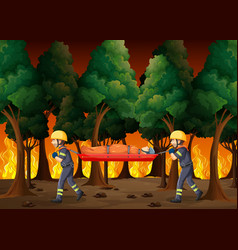 Wildfire Scene With Firerman Rescue In Cartoon