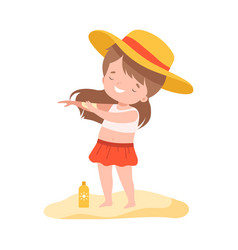 Cute Girl Applying Sunscreen At Beach Kids