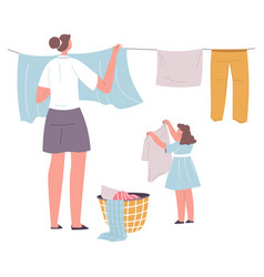 Mom Hanging Washed Clothes Daughter Helping Her