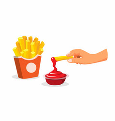 Hand Dip French Fries To Tomato Sauce