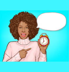 Black Woman Pointing Finger To Alarm Clock