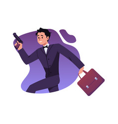 Happy Man In Suit Running With Case And Weapon