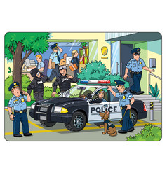 Police Station Car And Officers Cartoon