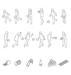 Kids Playing Bowling Icons Set Outline