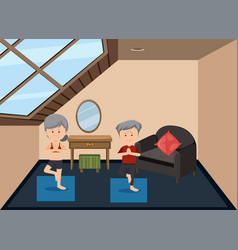 Background Scene Old Couple Doing Yoga At Home