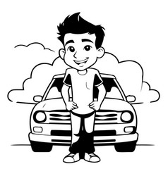 Cartoon Boy Standing Next To His Car On White