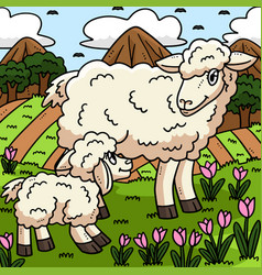 Mother Sheep And Lamb Colored Cartoon