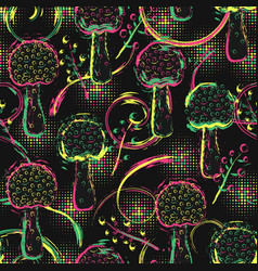 Pattern With Neon Mushroom Amanita In Grunge Style