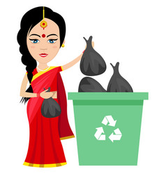 Indian Woman Taking Trash Out On White