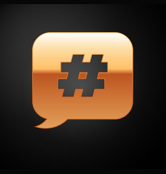 Gold Hashtag Speech Bubble Icon Isolated On Black