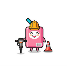 Road Worker Mascot Of Milk Box Holding Drill