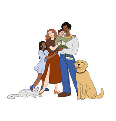 Flat Happy Family With Domestic Pets Embracing