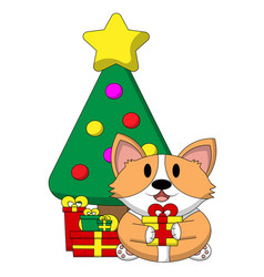 Cute Dog Corgi And Christmas Tree And Gift Box