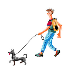 Young Man Walking Dog On Leash Isolated On White