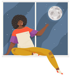 Girl Sitting On Windowsill Points To Moon Outside