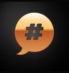 Gold Hashtag Speech Bubble Icon Isolated On Black