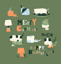 Set Cute Crazy Cats With Christmas Elements