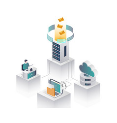 Worker With Server And Cloud In Isometric