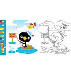 Cute Penguin Cartoon Fishing Coloring Book Or Page