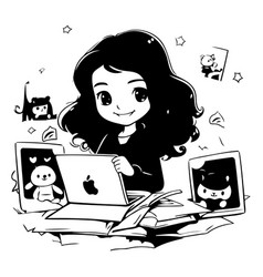 Cute Girl With Laptop And Tablet Pc Cartoon