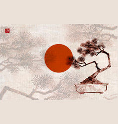 Bonsai Pine Tree And Big Red Sun Hand Drawn