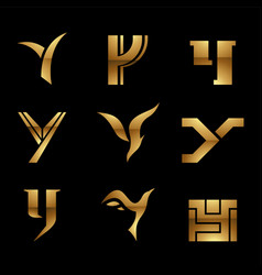 Golden Glossy Letter Y Icons On A Black Background