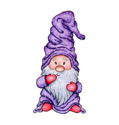 Watercolor Painting Of A Gnome In Lilac Clothes