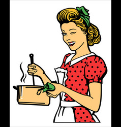 Retro Young Woman In Clothes Cooking Soup