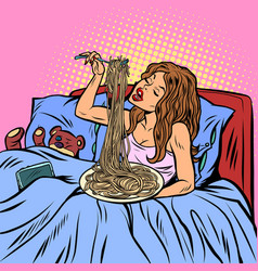 Woman Eating Spaghetti Dinner In Bed