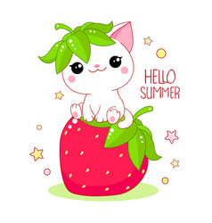 Cute White Cat On Big Strawberry Inscription