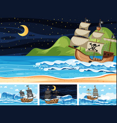 Set Of Ocean With Pirate Ship At Different Times